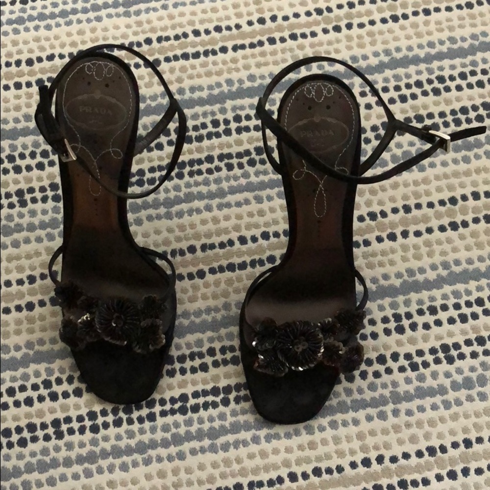 Prada Black Floral Beaded Ankle-Strap Heels